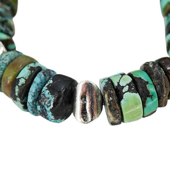 Turquoise Heishi & Artisan Sterling Silver Bench Beads Bracelet Handmade - Picture 4 of 9